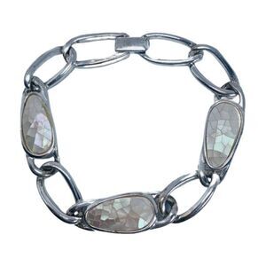 Vintage Liz Claiborne Silver Tone Mother Of Pearl Chain Link Bracelet 7"
